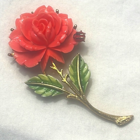 Vintage JJ Rose brooch pin ladybug pink - Picture 1 of 10